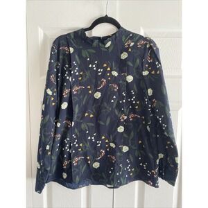 Once Floral Mock Neck Blouse Womens Size L Navy Blue Botanical Pleated ON1007
